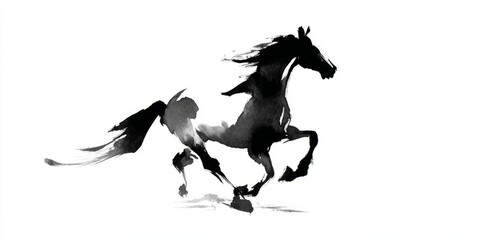 Elegant horse galloping, black ink on white, isolated design element.