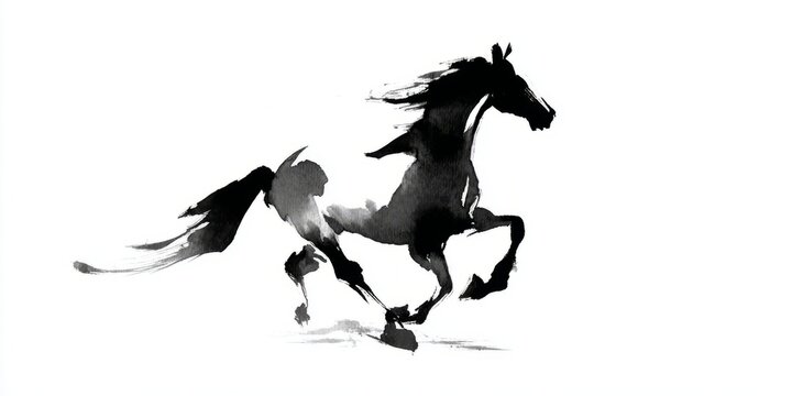 Elegant horse galloping, black ink on white, isolated design element.