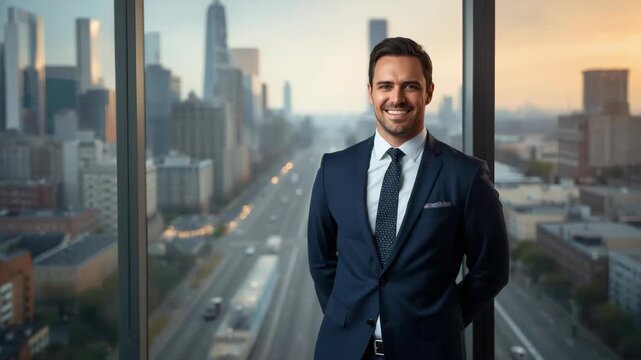 Smiling businessman man navy suit with tie and pocket square by city window sunset, confident