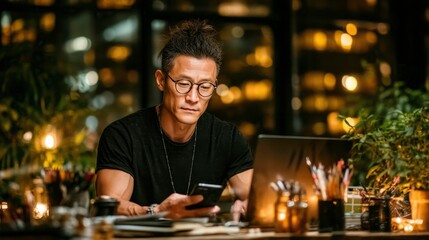 Young Man Working Late at Night with Laptop and Smartphone in Office