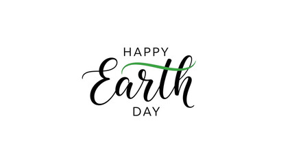 Happy Earth Day text with a green leaf accent on a white background.