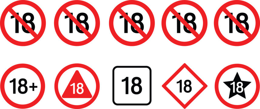 Adult restriction 18+ icons set, red warning signs, age limit symbols for content labeling and safety compliance designs