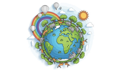 Naklejka premium A vibrant illustration of planet Earth surrounded by lush greenery, trees, hot air balloons, and a rainbow, symbolizing a healthy and happy environment.