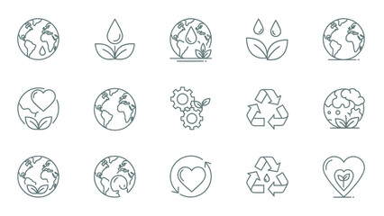 A collection of line art icons representing environmental sustainability and eco-friendly concepts.