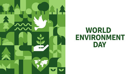 World Environment Day graphic with abstract green patterns, a dove, a hand holding a plant, and a heart with a world map.