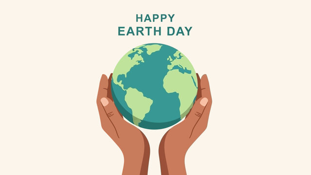 Two hands cradle a stylized globe with the words "Happy Earth Day" above it, symbolizing environmental care and celebration.