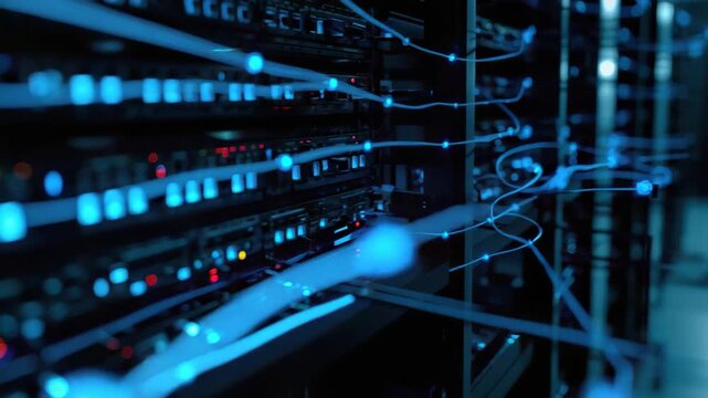 High tech server rack with glowing network cables and blue LED lights showing data connection rack