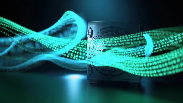 Metallic vault with glowing neon digital data stream and futuristic safe bank security ambiance