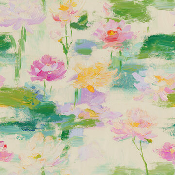 Pastel Impressionist Lotus Blossoms Seamless Pattern: soft floral artwork in gentle hues, perfect for textiles, wrapping paper, decorative surfaces, or other creative projects