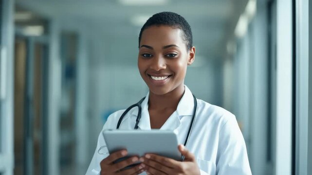 Young female doctor smiling with stethoscope using tablet hospital corridor medical professional
