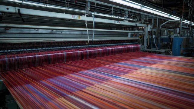 Colorful striped textile woven industrial loom producing vivid fabric pattern through vibrant