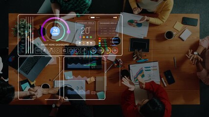 A captivating view of a digital dashboard showcasing various data analytics and business metrics, illustrating teamwork in a modern office environment with diverse professionals. Raster - Powered by Adobe