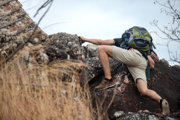 Hiker man climbing natural rocky wall with tropical valley on the background.   people backpack walking trail activity camping outdoors for destination leisure.  People happy feeling freedom good 