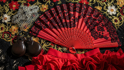 Flat lay of traditional flamenco accessories – red fan, castanets, hair comb, and embroidered shawl.