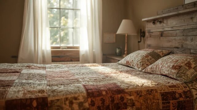 Sunlit cozy rustic bedroom with quilted bed, patterned pillow by window curtain, warm inviting