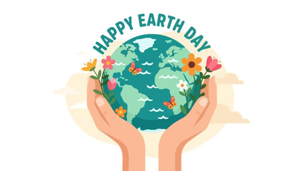 Hands holding planet Earth with flowers and butterflies, celebrating Happy Earth Day with a message of environmental care and nature. © Tegar