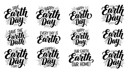 Collection of twelve different hand-lettered calligraphy phrases celebrating Earth Day and environmental awareness.