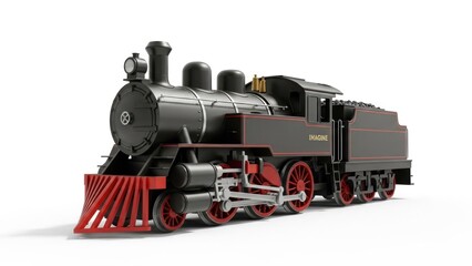 Obraz premium Steam locomotive engine with red accents, on a white background, clean render