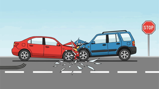 Two cars in a head on collision on a road.