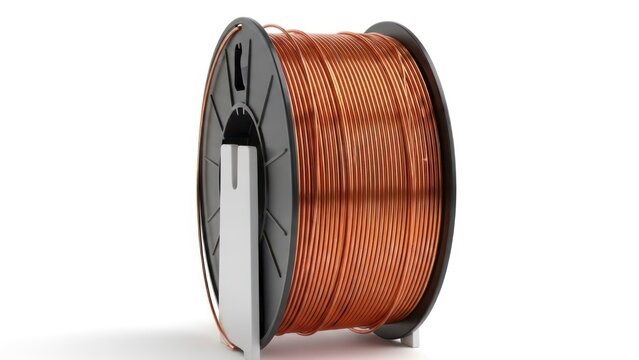 Spool of copper wire on a gray stand, isolated on a white background