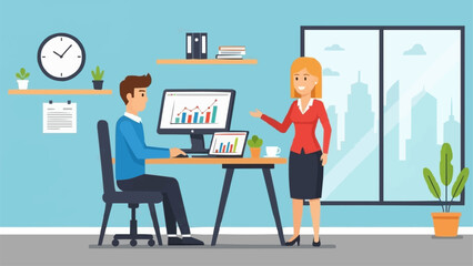 Two colleagues collaborating in an office environment discussing work.