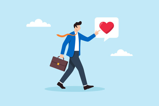Flat illustration of businessman walking with briefcase touching heart icon symbolizing passion motivation love for work emotional engagement and meaningful career