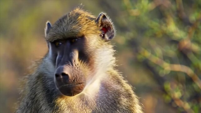 A baboon's face is captured in a serene moment amidst lush greenery