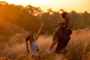 Happy African family father and child daughter travel and running on meadow nature on silhouette lights sunset.  Travel and Family Concept