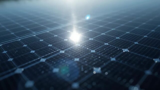 Sunlit solar panel grid reflecting sunlight flare with blue tones and modern energy bokeh