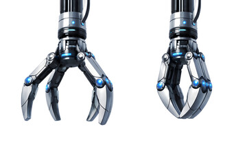 Robotic Gripper Claw Isolated on White Background, Futuristic Mechanical Robot Hands Technology Concept, Industrial Automation Robotic Claw Close Up, AI Robotics Metal Gripper Arms Isolated
