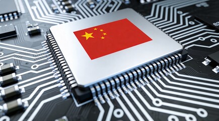 Chinese Flag Overlay on Computer Processor, Future Technology and Hardware Concept