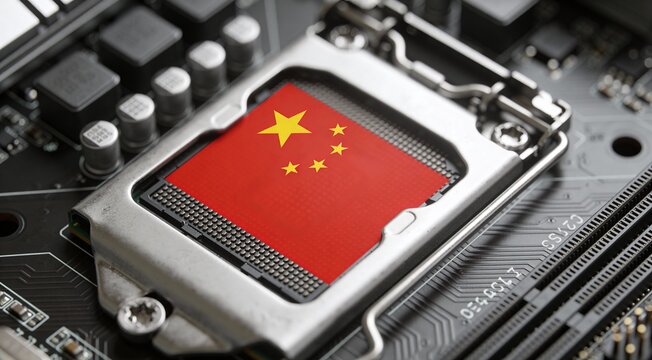 Closeup Texture of China Flag on GPU Chip, High-Tech Hardware and Electronics Background