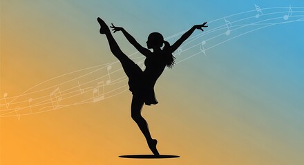 Silhouette of a graceful ballerina performing a high leg extension against a vibrant gradient background.