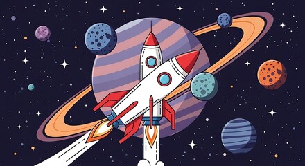 Retro Rocket Launching Through Space Past Planets and Stars.