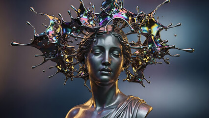 Metallic bust of a serene woman adorned with an iridescent liquid splash crown