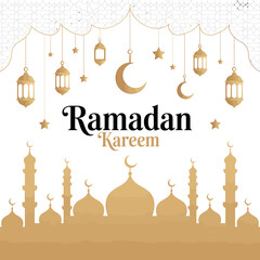 Ramadan kareem greeting card with mosque silhouette and hanging lanterns