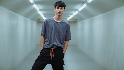Young man standing confidently in modern tunnel with hands in pockets