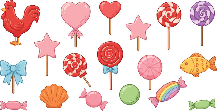 Colorful collection of cute candy and lollipop illustrations featuring hearts, stars, bows, sweets, and playful cartoon elements