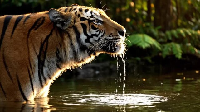 A magnificent striped tiger gracefully bows its head to drink fresh water from a serene, sunlit river amidst dense tropical jungle foliage, reflecting the golden light of dusk.