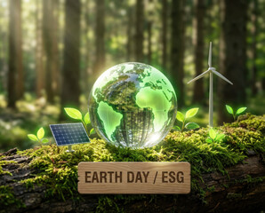 Green net carbon reduction for neutral nature energy concept sustainable globe with solar panel wind turbine and forest background for earth day esg awareness carbon reduction to net zero concept