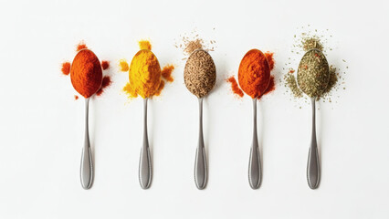 A vibrant collection of aromatic, finely ground spices, elegantly arranged on silver spoons, essential for diverse culinary creations and global flavors