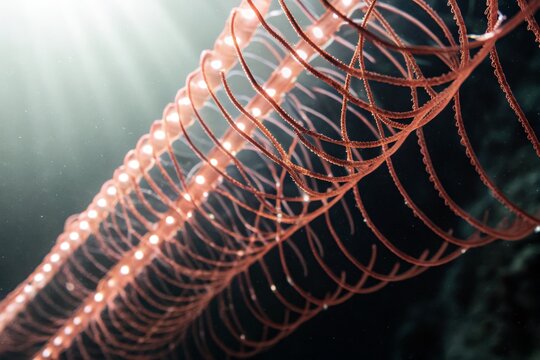 A bioluminescent siphonophore chain, a delicate superorganism, gracefully drifting through the deep ocean depths.