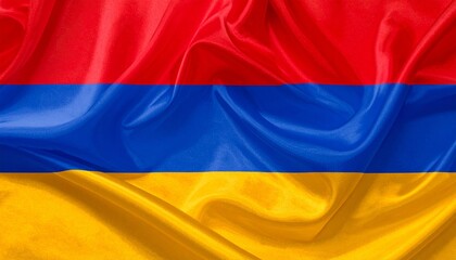 “Armenian national flag with red, blue, and orange bands rippling with textured elegance.”