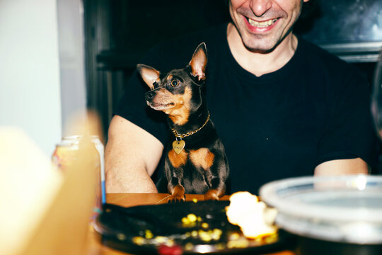 A man in a black T-shirt is sitting at a table with a dog.