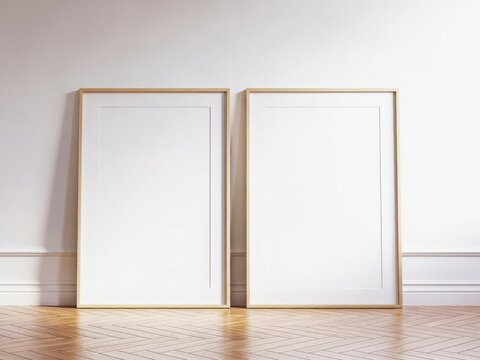 Two blank white picture frames leaning against a wall on a wooden floor
