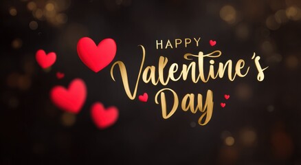 Elegant Valentine's Day greeting design with golden calligraphy text and red hearts. Romantic holiday background for love celebrations.