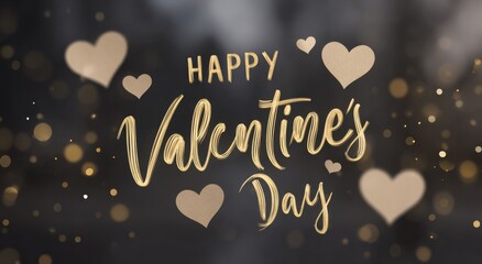 Golden Valentine's Day text with floating hearts on dark background. Romantic holiday design for love and affection themes.