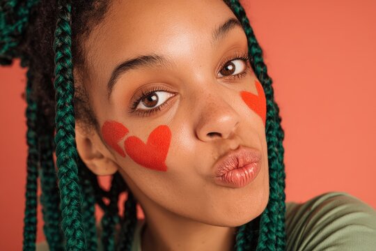 Young woman with bright green box braids makes a playful kissing face with painted red hearts on her cheeks