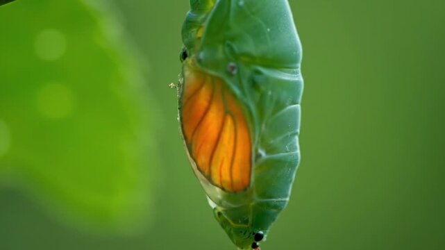 A vibrant green chrysalis, partially translucent and revealing hints of a developing butterfly wing, hangs delicately from a lush green leaf in a natural outdoor setting, awaiting metamorphosis.