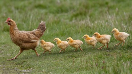 Fototapeta premium Mother hen leading her adorable fluffy chicks in a line across a green meadow on a sunny day, showcasing the bond between parent and offspring